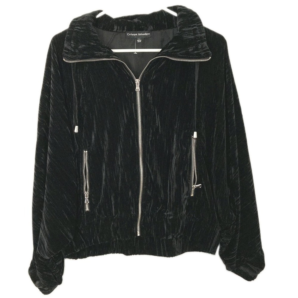 Catherine Malandrino Jacket Women L Blk Velvet Zip Bomber Pocket Cropped Runway